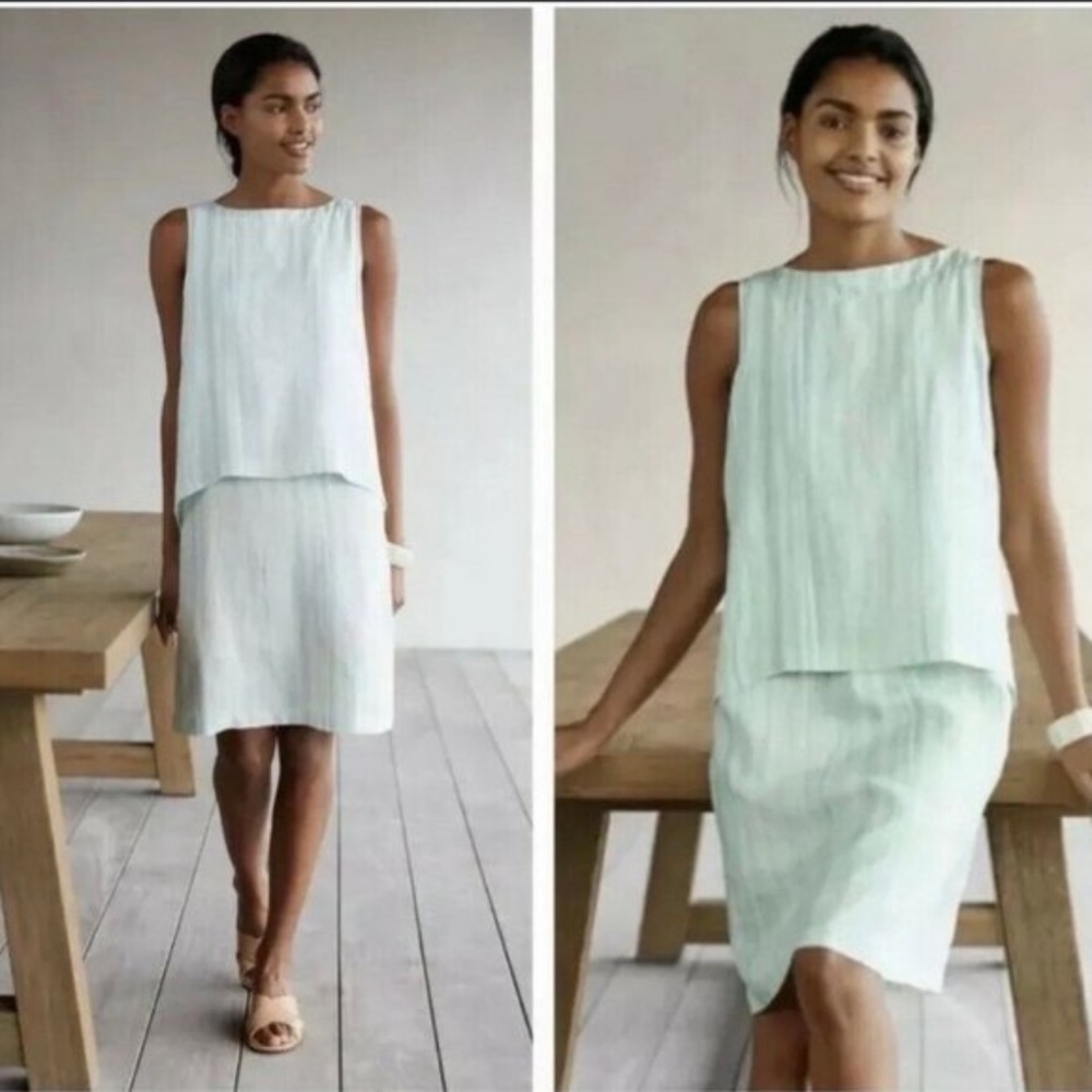 J Jill Linen Pastel Blue Green Layered Dress M NWT